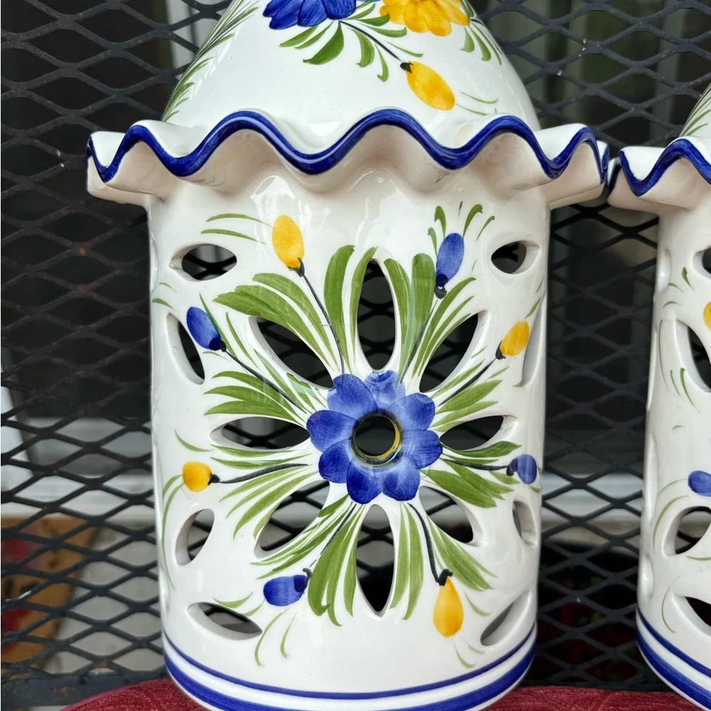 Rare and Unique Floral Ceramic candle sconces, set of 2 from Portugal